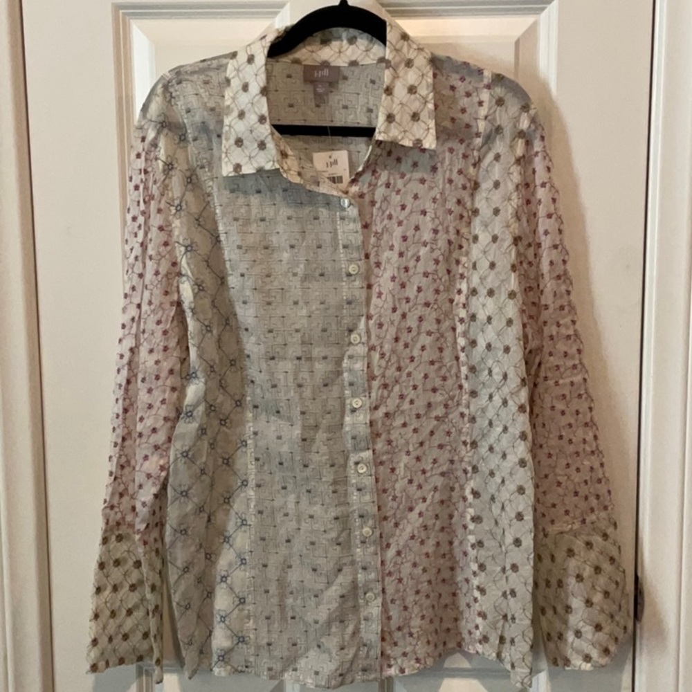 (B71) J. Jill Blouse XL Sheer Embroidered Detail Long Sleeve Button Down
